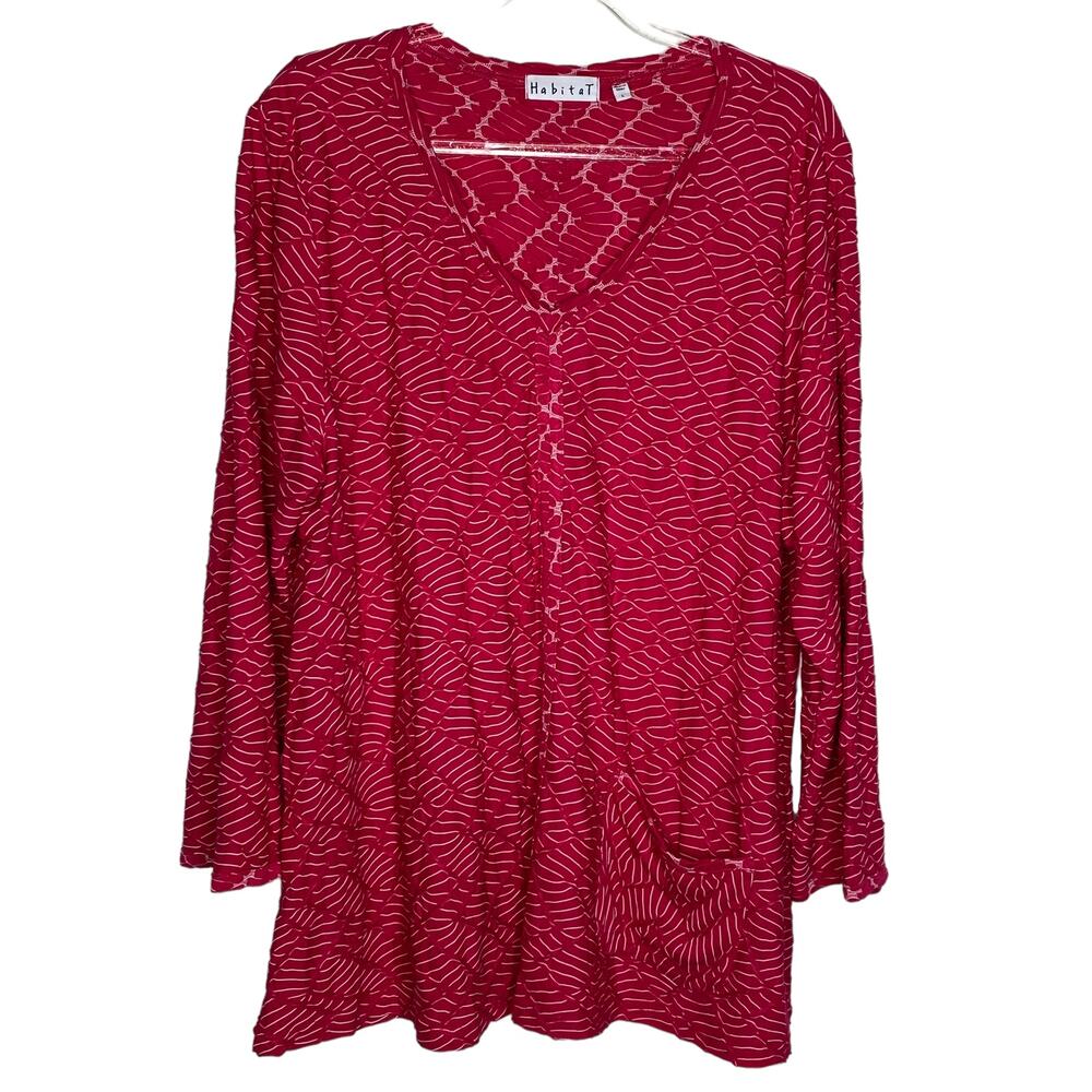 Habitat Clothes to Live In Womens Size Large Pink Top V Neck Textured Pocket